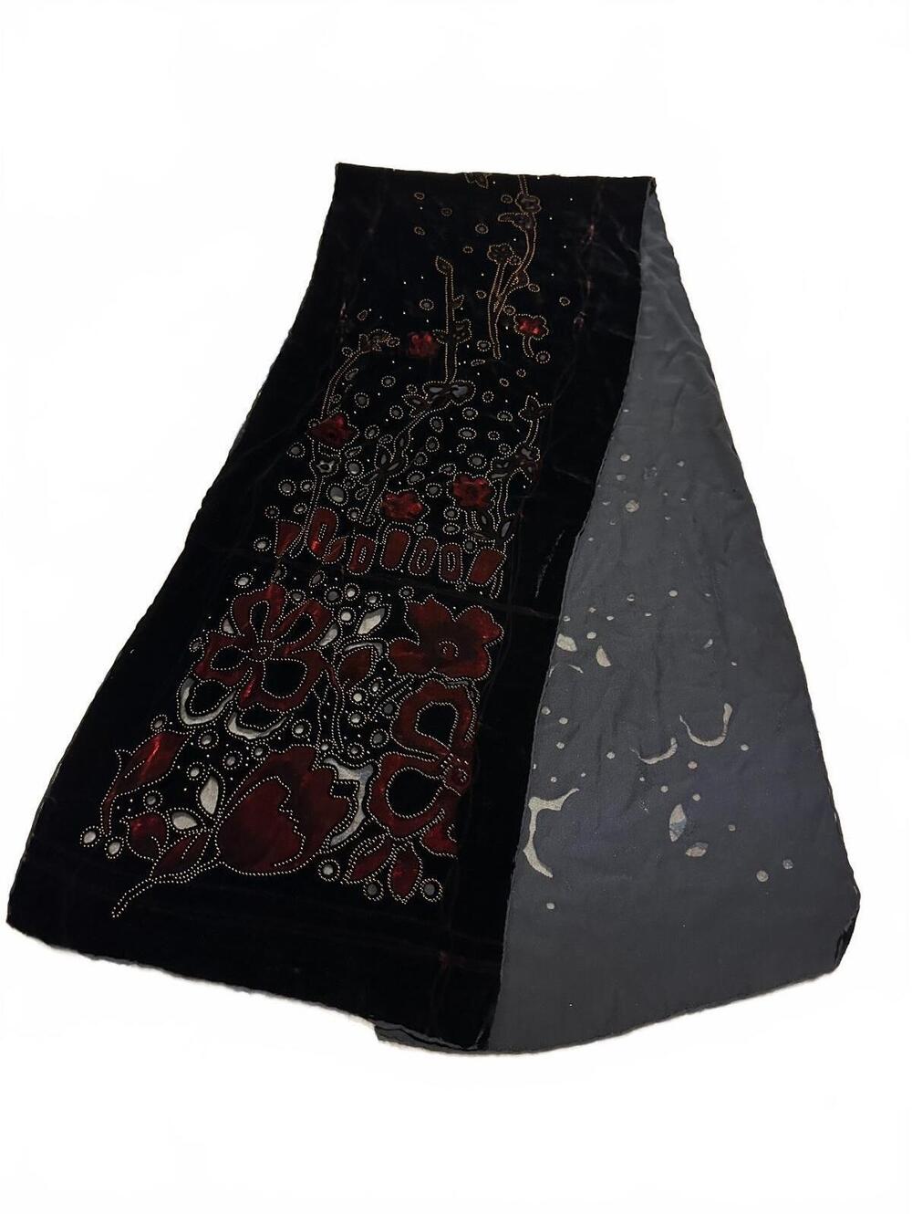 Vintage Black Velvet Scarf with Red Floral Embroidery and Sheer Panel